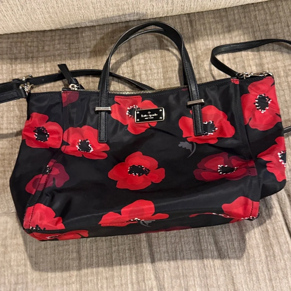 Kate Spade Black and Red Wilson Floral Alyse nylon satchel, and Red poppy print
